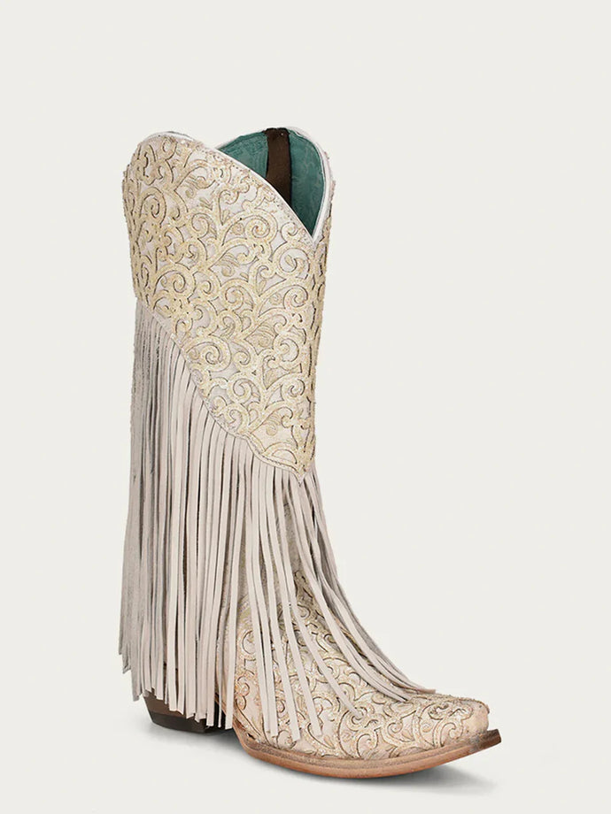White Lamb with Fringe Snip Toe Boot