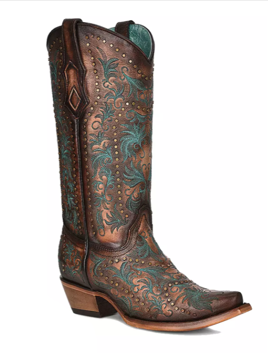 Copper Embroidery & Studs Brown Leather Boots