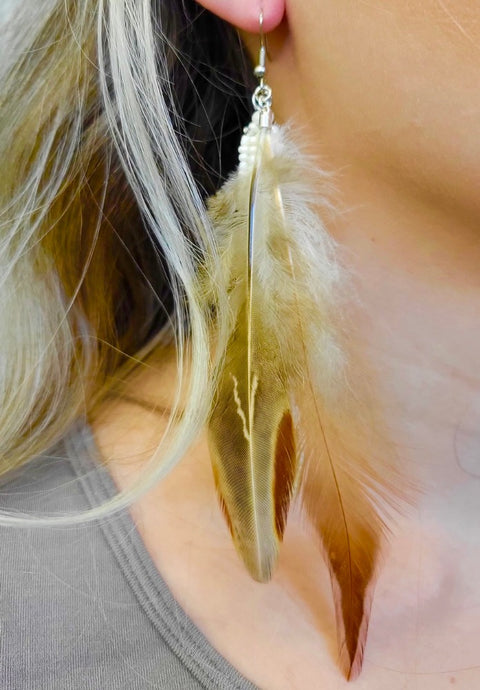 Designed and handmade in America by Tailored West™ Carmel and Pearls Feather Earrings - Carmel, Taupe and Pearl