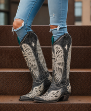 Load image into Gallery viewer, White Cross &amp; Wings overlay Cowboy Boot
