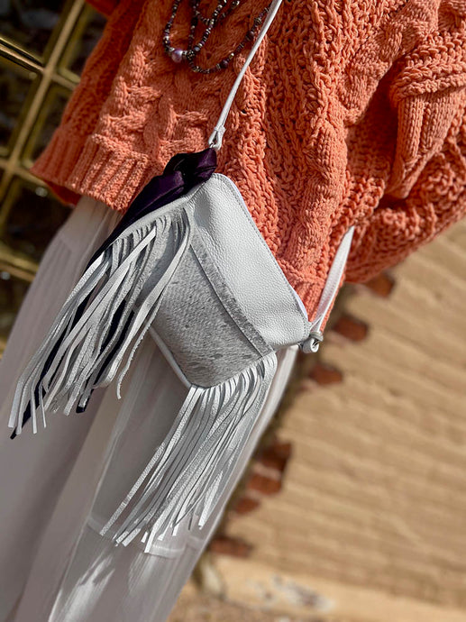 Cowhide Cell Hip Bag with Side Fringe - White and Silver