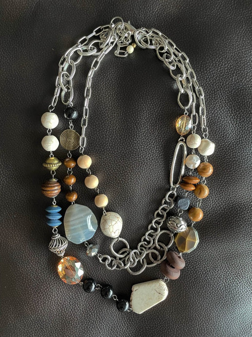 Triple-Strand Silver Chain and Multicolored Chunky Beaded Necklace