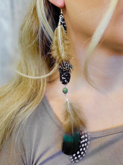 Designed and handmade in America by Tailored West™ Dots Statement Feather Earrings - Black, Brown and Teal
