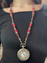 Load image into Gallery viewer, Made by Tailored West Jewelry Monarch Collection Necklaces Handmade Made in America USA Beaded necklace with antique-style watch pendant coral, fire agate, copper, gold
