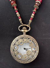 Load image into Gallery viewer, Made by Tailored West Jewelry Monarch Collection Necklaces Handmade Made in America USA Beaded necklace with antique-style watch pendant coral, fire agate, copper, gold close up

