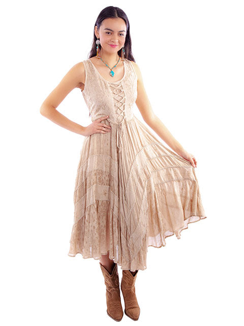 Full Length Lace-up Front Sleeveless Dress - Latte