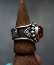 Load image into Gallery viewer, Handcrafted Amber Heavy Signet Ring with Sterling Silver Details made with Old World Artisan Silversmithing. Handcrafted in Colorado
