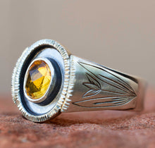 Load image into Gallery viewer, Handcrafted Garnet Sunray Signet Ring with Sterling Silver Details made with Old World Artisan Silversmithing. Handcrafted in Colorado

