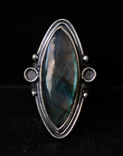 Load image into Gallery viewer, Handcrafted Labradorite Circe Ring with Sterling Silver Details made with Old World Artisan Silversmithing. Handcrafted in Colorado
