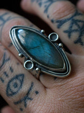 Load image into Gallery viewer, Handcrafted Labradorite Circe Ring with Sterling Silver Details made with Old World Artisan Silversmithing. Handcrafted in Colorado

