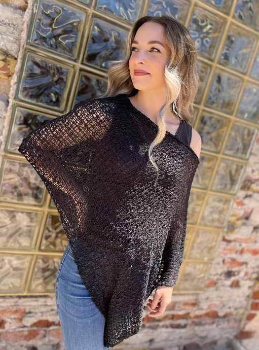 Open Knit Asymmetrical Poncho Top - Black