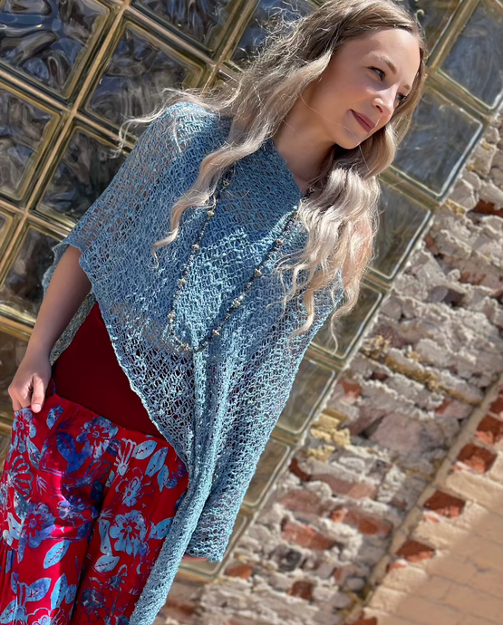 Open Knit Asymmetrical Poncho Top - Turquoise