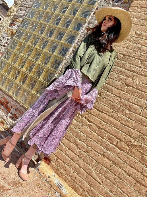 Tailored West Vintage Romance Adjustable Maxi Skirt - Olive and Lavender Dusk