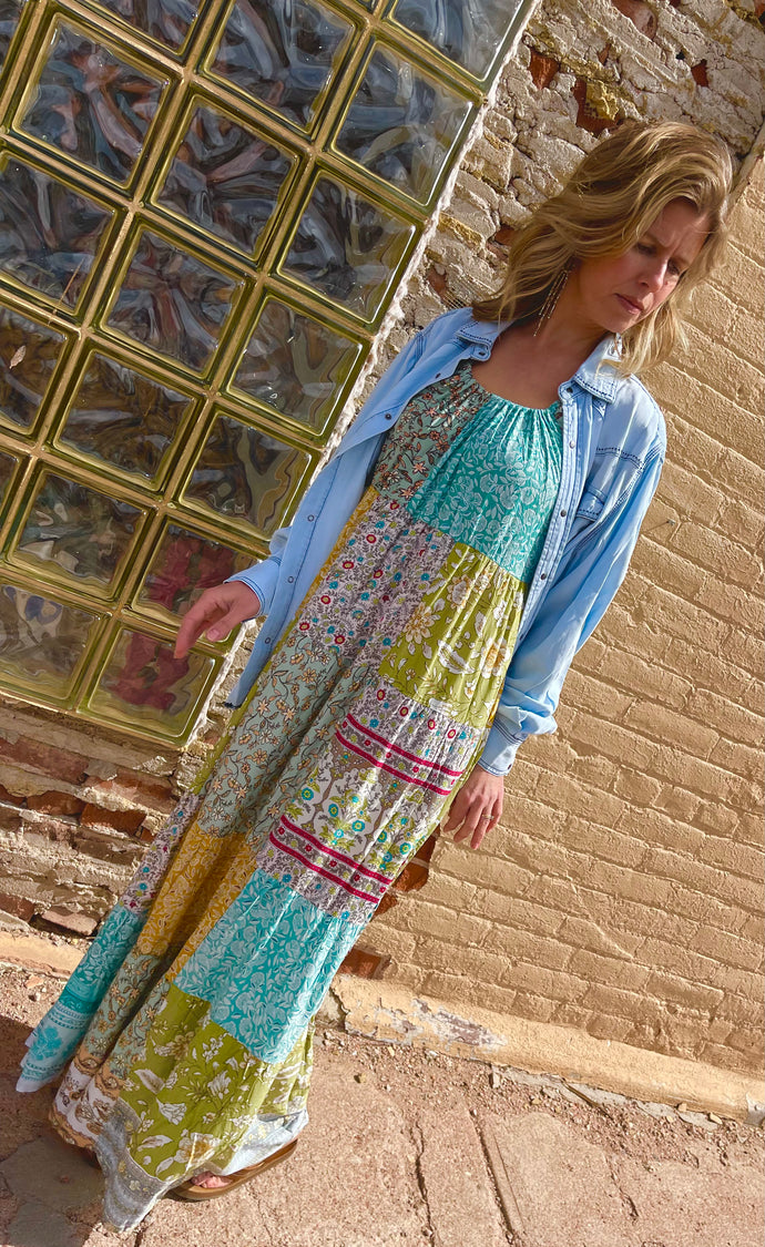 Floral Patchwork Spaghetti Strap Maxi Dress with Pockets - Multi-Colored