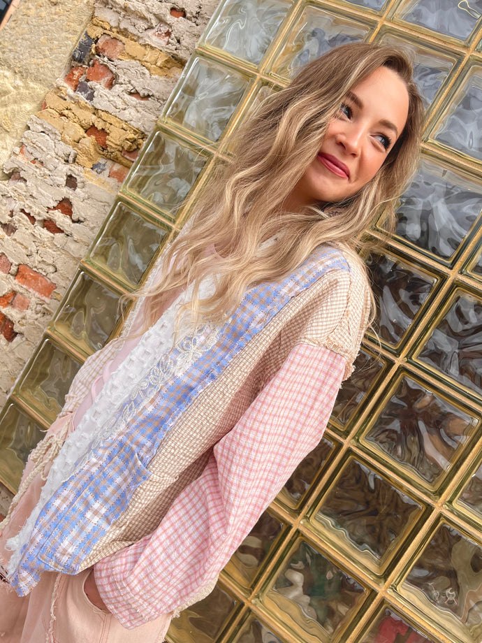 Long Sleeve Button Front Shacket - Beige Pink Multi