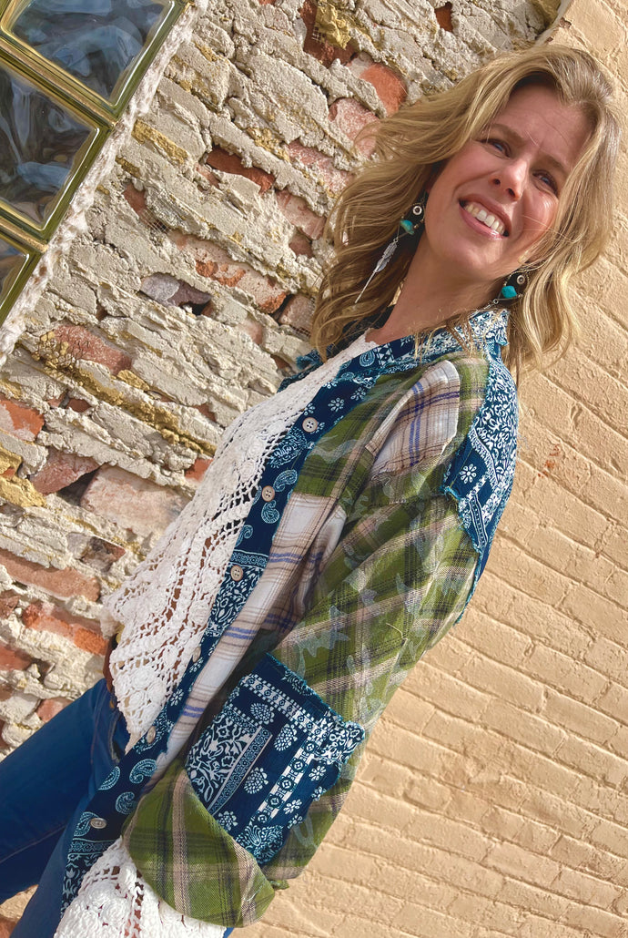 Long Sleeve Button Front Shacket - Olive & Blue