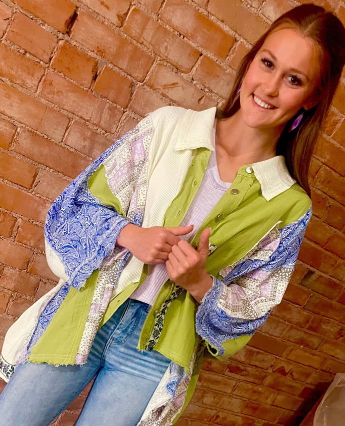 Patchwork Button Down Shirt - Celery Blue Multi
