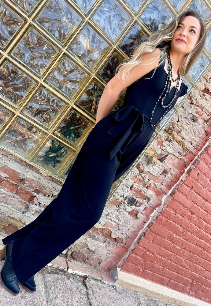 Fitted Jumpsuit with Ruffled Straps - Black