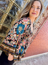 Load image into Gallery viewer, Long Flair Sleeve Top with Smocked Bodice - Black floral
