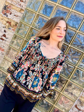 Load image into Gallery viewer, Long Flair Sleeve Top with Smocked Bodice - Black floral

