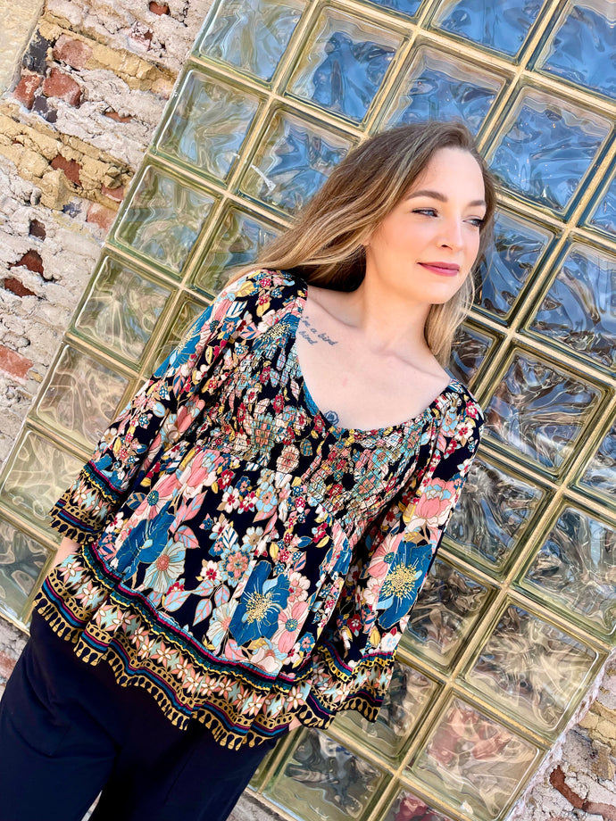 Long Flair Sleeve Top with Smocked Bodice - Black floral
