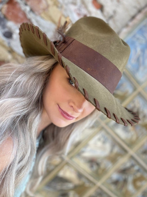 Tailored West Custom Dressed-up Zella Bailey Hat with Feathers and Leather Band and Stitching 