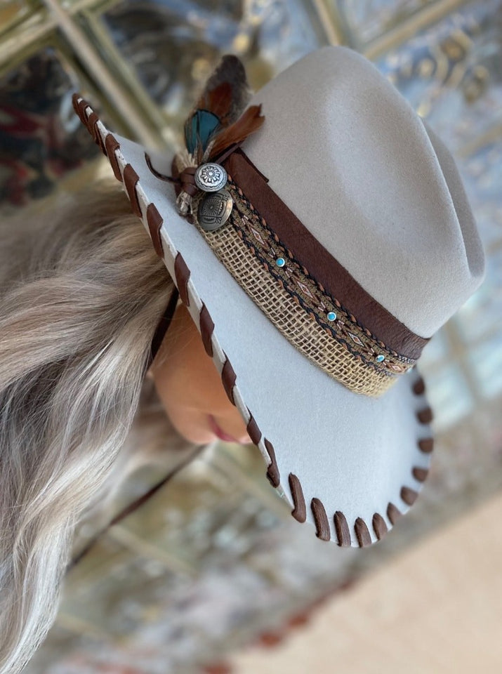 Tailored West Embellished Mist Hickstead Bailey Western Hat with Custom Brown Leather Band and Stitching, feathers, conchos, burlap, braid