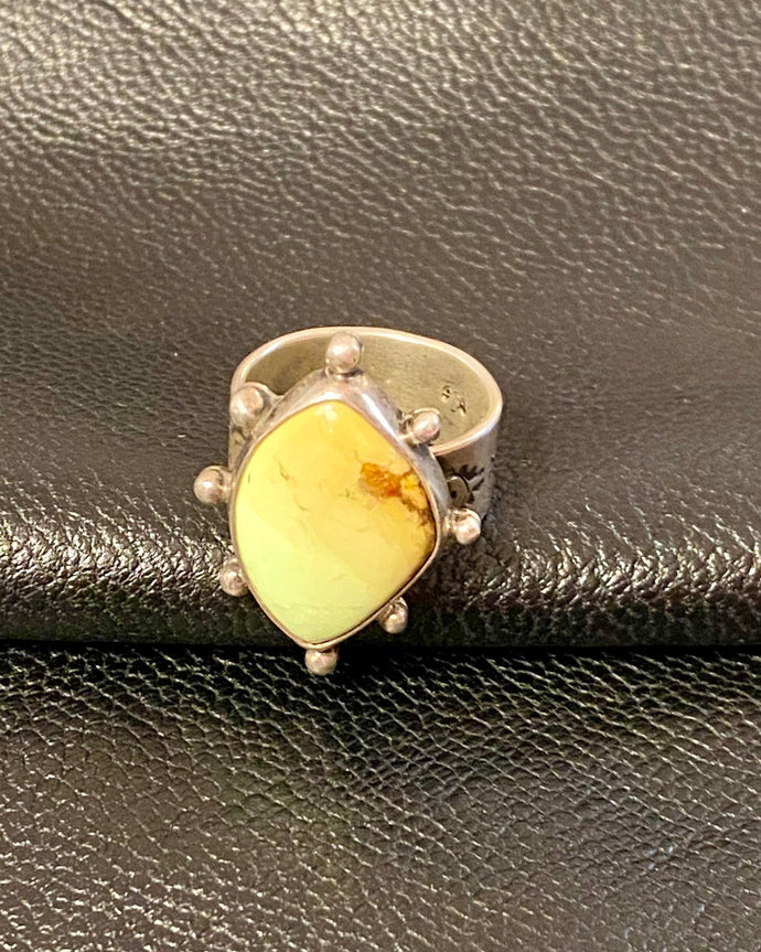 Handcrafted Lemon Chrysoprase Hekate Ring with Sterling Silver Details