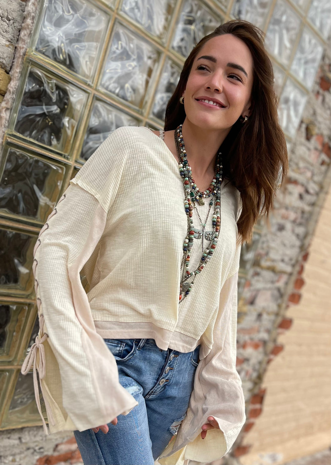 Oversize Top with Lace-Up Sleeves - Cream Beige