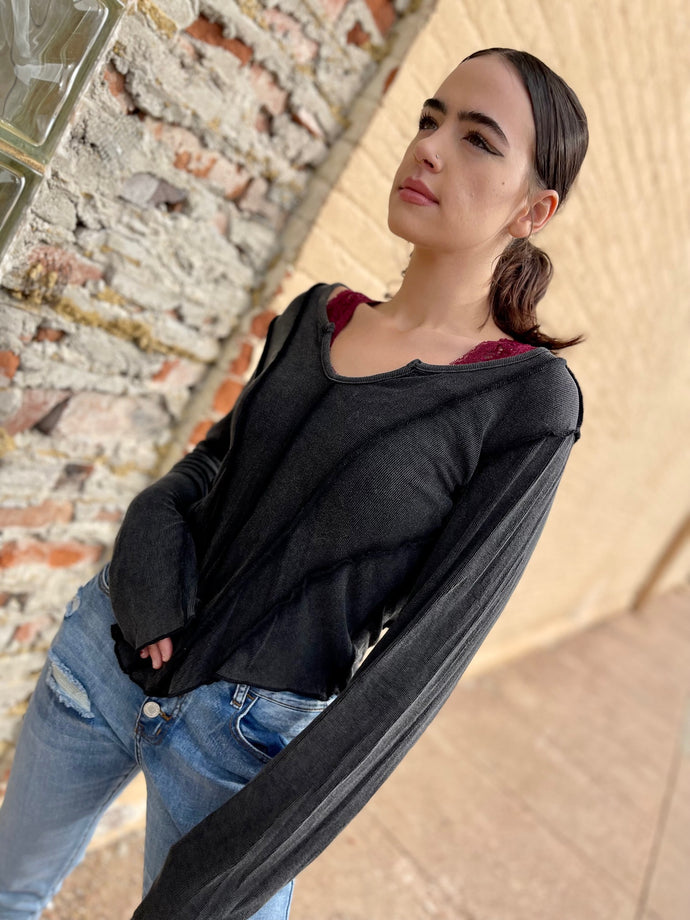 Deep V-Neck Long Sleeve Top - Black