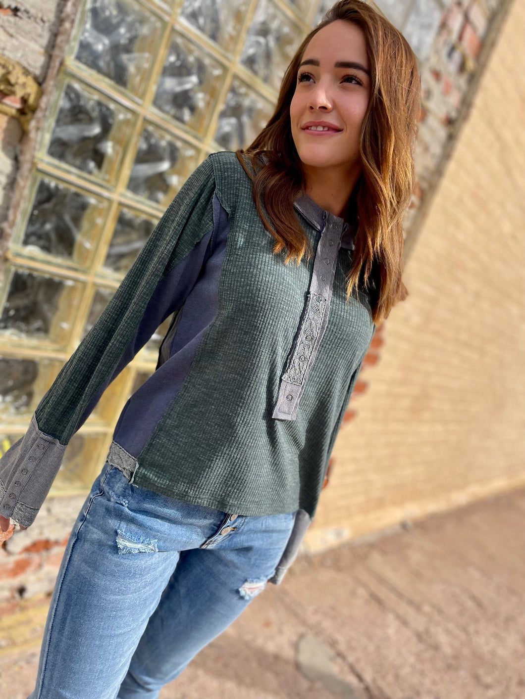 Round-Neck Long Sleeve Top with 3/4 snap button Henley- Deep Green