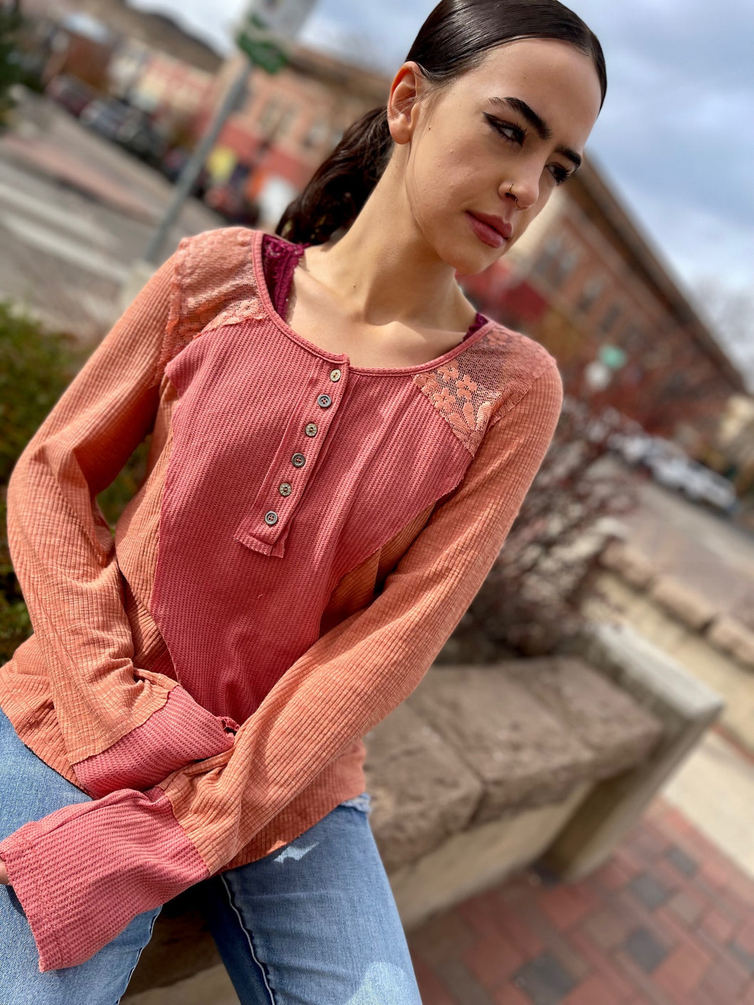 Round-Neck Long Sleeve Top with Lace - Vintage Red