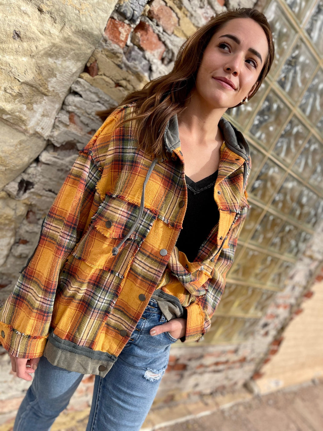 Hooded Snap-Front Oversize Plaid Flannel Jacket - Orange