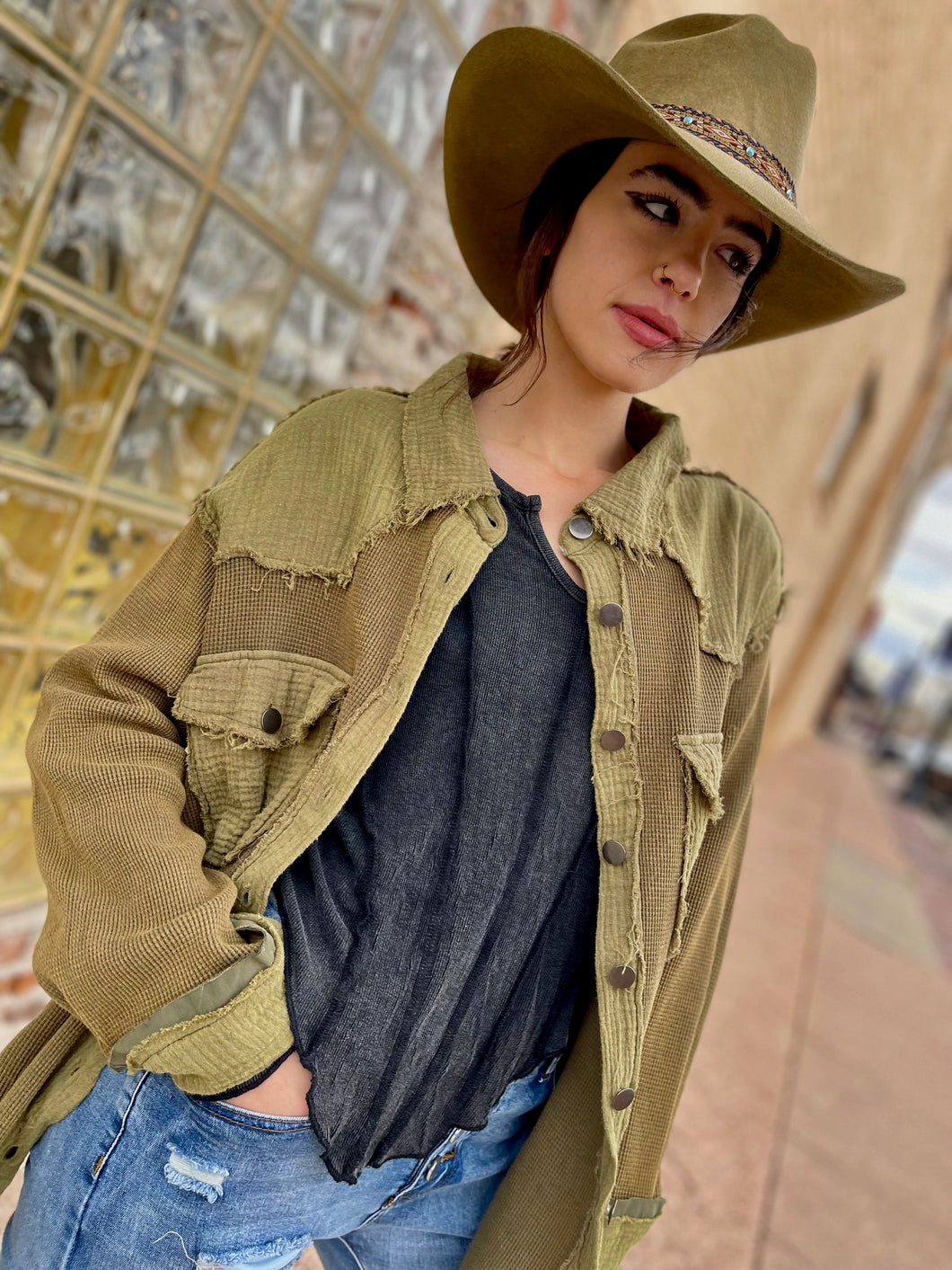 Long Sleeve Button Front Shacket Top - Olive
