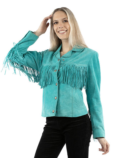 Leather Suede Jacket with Fringe - Turquoise