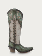 Load image into Gallery viewer, TURQUOISE OVERLAY EMBROIDERY AND STUDS TALL TOP BONE SNIP TOE COWBOY BOOT
