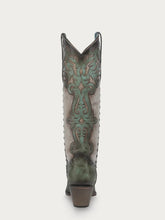 Load image into Gallery viewer, TURQUOISE OVERLAY EMBROIDERY AND STUDS TALL TOP BONE SNIP TOE COWBOY BOOT
