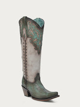 Load image into Gallery viewer, TURQUOISE OVERLAY EMBROIDERY AND STUDS TALL TOP BONE SNIP TOE COWBOY BOOT
