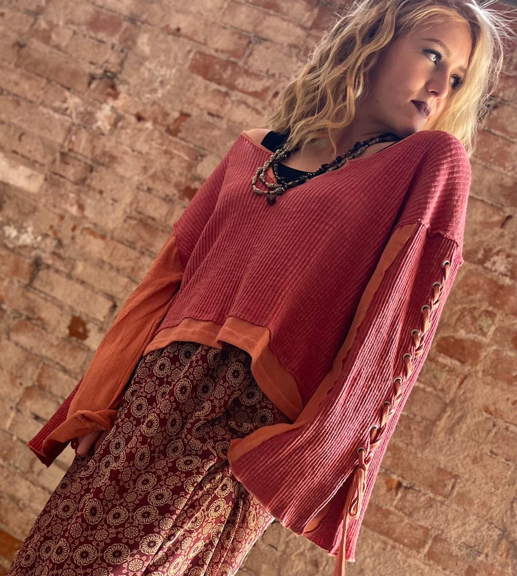 Oversize Top with Lace-Up Sleeves - Dried Rose
