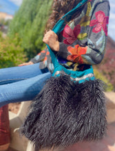 Load image into Gallery viewer, Large Crossbody Bag - Black Fur, Teal and Silver Conchos
