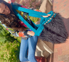 Load image into Gallery viewer, Large Crossbody Bag - Black Fur, Teal and Silver Conchos
