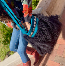 Load image into Gallery viewer, Large Crossbody Bag - Black Fur, Teal and Silver Conchos
