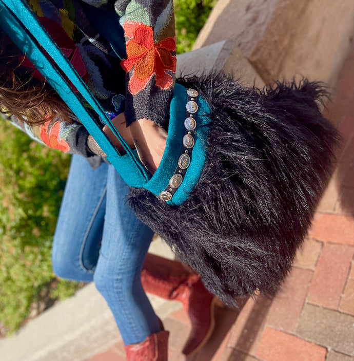 Large Crossbody Bag - Black Fur, Teal and Silver Conchos