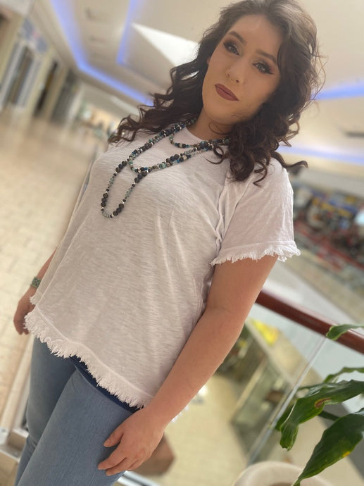 Tailored West Mineral Washed Short Sleeve Top with Fringe - White Jess and Jane Top