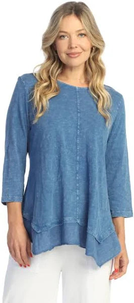 Blue Mineral Wash Tunic Top with Handkerchief Hem