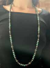 Load image into Gallery viewer, Made by Tailored West Jewelry Monarch Collection Necklaces Handmade Made in America USA Beaded long necklace with hematite beads and turquoise faceted beads
