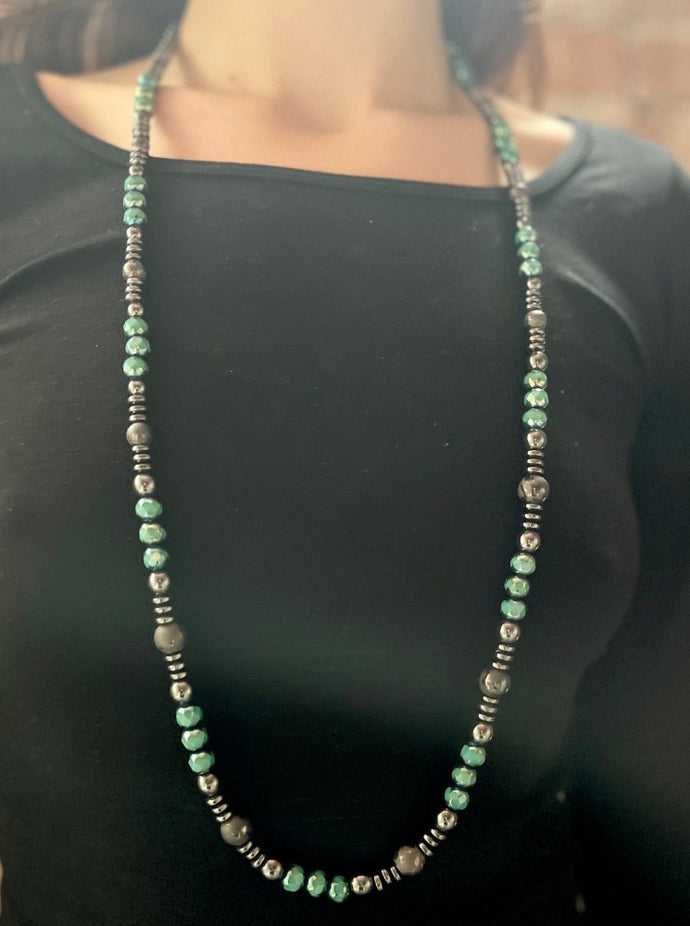 Made by Tailored West Jewelry Monarch Collection Necklaces Handmade Made in America USA Beaded long necklace with hematite beads and turquoise faceted beads