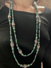 Load image into Gallery viewer, Made by Tailored West Jewelry Monarch Collection Necklaces Handmade Made in America USA Beaded necklace with hematite beads and turquoise and silver colored beads 66 inches long
