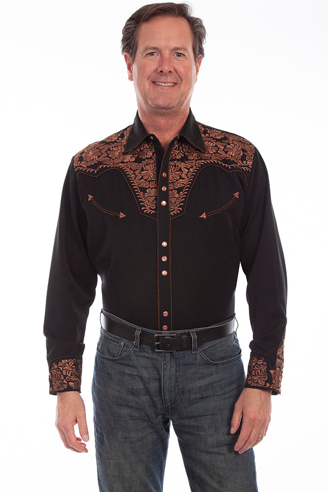 Men's Western Shirt with Vine Embroidery - Black and Copper
