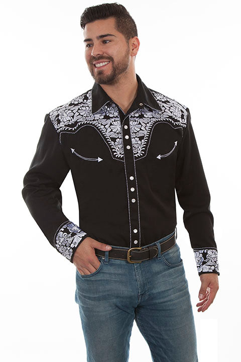 Men's Western Shirt with Vine Embroidery - Black and White
